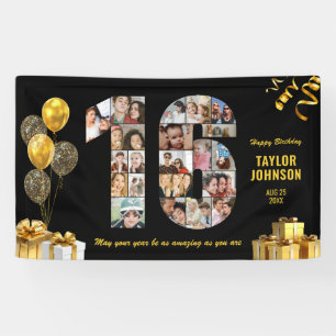 16. Geburtstag Nummer 16 Fotocollage Schwarz Gold Banner