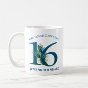 16. Geburtstag oder Jubiläum Pfauenfeder Kaffeetasse