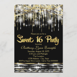 16 . Geburtstag Party Black and Gold Glam Sparkle Einladung