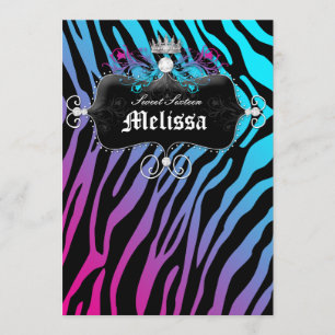 16 . Geburtstag Party Invite Zebra Blue Pink Jewel Einladung