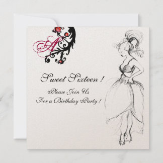 16 GEBURTSTAG PARTY MONOGRAM Red Black Wirbel Einladung