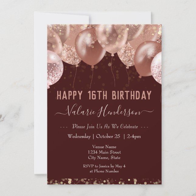 16. Geburtstag Pink Balloons Einladung (Vorderseite)
