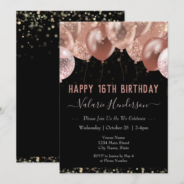 16. Geburtstag Pink Balloons Einladung (Vorne/Hinten)