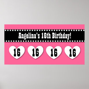 16. Geburtstag Pink Black Hearts Banner Custom V16 Poster