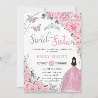 16 . Geburtstag Pink Floral Princess Silver Birthd Einladung