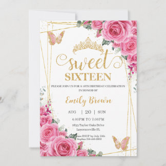 16 . Geburtstag Pink Fuchsia Floral Gold Schmetter Einladung