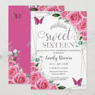 16 . Geburtstag Pink Fuchsia Floral Silver Butterf Einladung