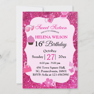 16 . GEBURTSTAG PINK GLITZER MAKEUP BIRTHDAY EINLADUNG