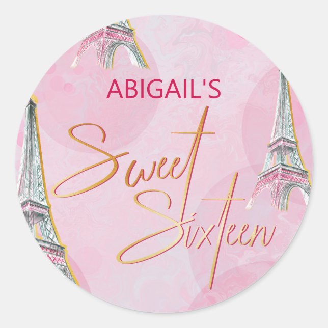 16 . Geburtstag Pink Gold Paris Eiffelturm Sticker (Vorderseite)
