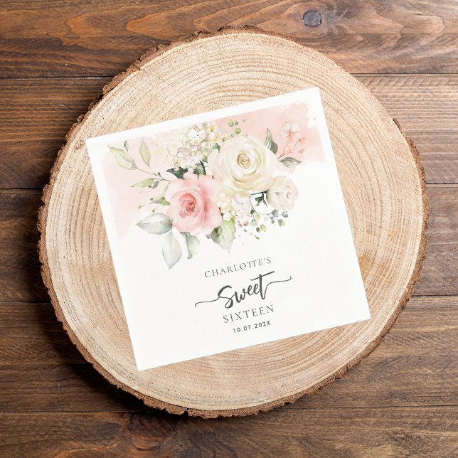 16. Geburtstag Pink Party Paper Serviette (Pink Floral Sweet 16th Birthday Paper Napkin)