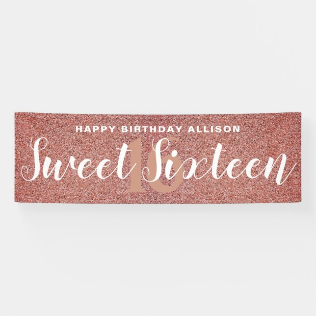 16 . Geburtstag Pink Rose Gold Glitzer Personalisi Banner (Horizontal)