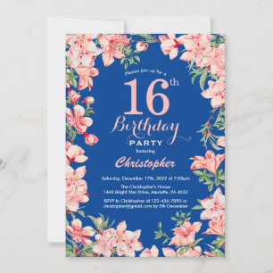 16. Geburtstag Rosa Blume Blau Einladung