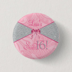16. Geburtstag, rosa Glitzer 1 Zoll-runder Knopf Button