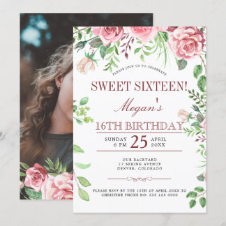 16. Geburtstag Rosa Rosen Sweet Sixteen PHOTO-Part Einladung