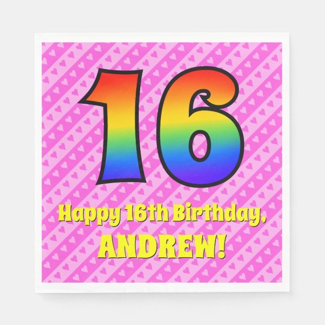 16. Geburtstag: Rosa Streifen & Herz, Regenbogen # Serviette (Vorderseite)