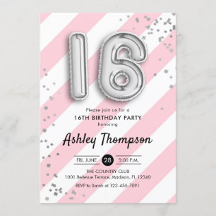 16. Geburtstag - rosa Streifen und silberne Einladung