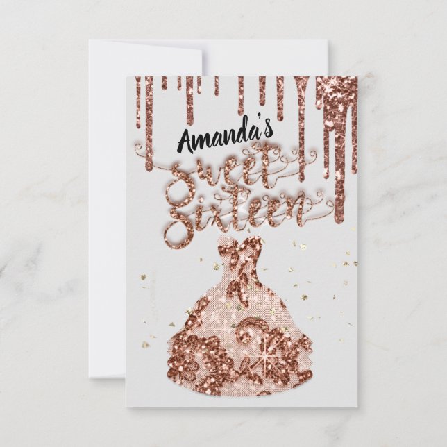 16 . Geburtstag Rose Dress Glitzer Tropfen Schwarz Einladung (Rückseite)