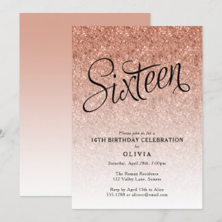 16. Geburtstag Rose Gold Ombre Glitzer Einladung