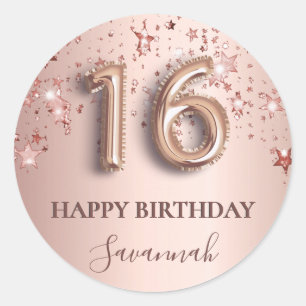 16. Geburtstag Rose Gold rosa Sterne Ballon Schrif Runder Aufkleber