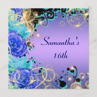 "16 . Geburtstag" Rose Juwel blue elegant Einladung