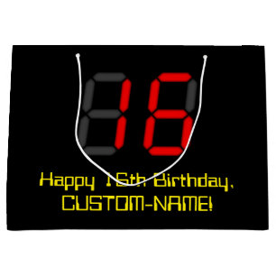16. Geburtstag: Rote Digitaluhr-Art "16" + Name Große Geschenktüte