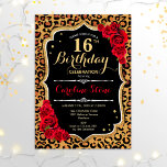 16. Geburtstag - Rote Rosen Leopard Print Einladung<br><div class="desc">Einladung zum 16. Geburtstag. Elegantes rotes Schwarz-weißes Design mit Imitaten Glitzer Gold. Enthält Leopard Gepard-Tierdruck,  Skript-Schriftart und Rose. Ideal für eine elegante Geburtstagsfeier. Kann in jedes Jahr personalisiert werden! Nachricht,  wenn Sie weitere Anpassungen benötigen.</div>