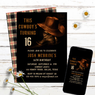 16. Geburtstag Rustikaler Cowboy-Hut und Lederstie Einladung