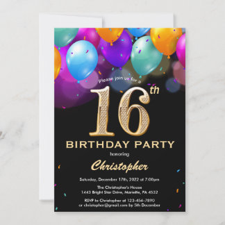 16. Geburtstag Schwarz und Gold farbige Ballons Einladung