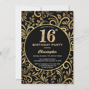 16. Geburtstag Schwarz und Gold Floral Muster Einladung
