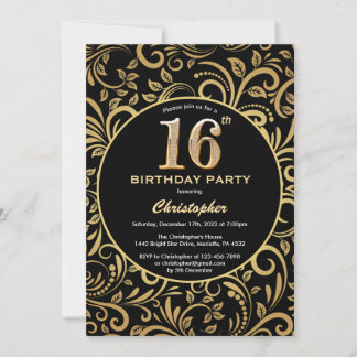 16. Geburtstag Schwarz und Gold Floral Muster Einladung