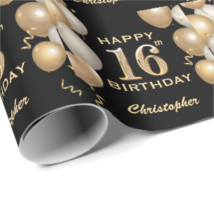 16. Geburtstag Schwarz und Gold Glitzer Ballons Geschenkpapier