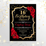 16. Geburtstag - Schwarze Rote Rosen Einladung<br><div class="desc">16. Geburtstagsfeier Einladung. Elegantes schwarzes Design mit Imitaten Glitzer Gold und rote Rosen. Ideal für eine elegante Geburtstagsfeier. Kann in jedem Alter angepasst werden.</div>