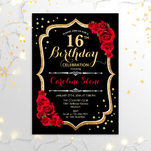 16. Geburtstag - Schwarze Rote Rosen Einladung