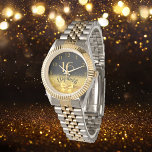 16. Geburtstag schwarzer goldener Name eleganter B Armbanduhr<br><div class="desc">Elegant,  klassisch,  glamourös und feminin. Ein Imitat mit goldfarbenem Bogen und Band,  ein bisschen Bling und Luxus für ein Geburtstagsgeschenk oder Sake. Schwarzer Hintergrund. Vorlagen für ihren Namen und das Alter von 16 Jahren. Der Name ist mit einem modernen handgeschriebenen Stilskript geschrieben. goldfarbene Zahlen von 9 bis 3</div>