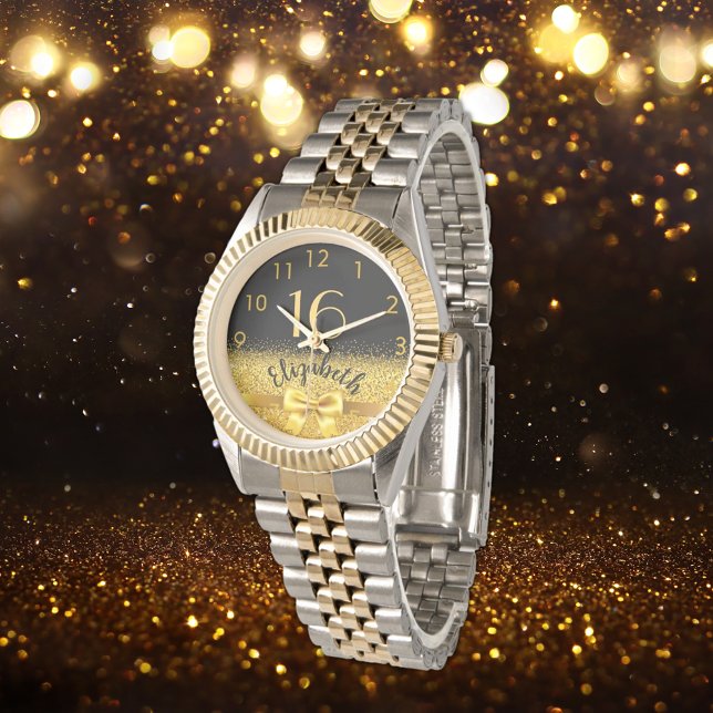 16. Geburtstag schwarzer goldener Name eleganter B Armbanduhr (Von Creator hochgeladen)