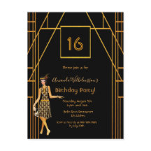 16. Geburtstag Schwarzes Gold Deko-Stil Einladung