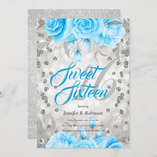 16. Geburtstag | Silver Blue Floral Glitzer | Gebu Einladung (Vorne/Hinten)