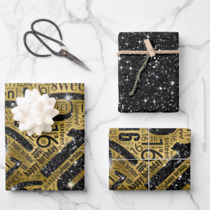 16 . Geburtstag Sparkle Word Cloud Black/Gold ID26 Geschenkpapier Set