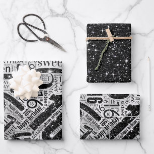 16 . Geburtstag Sparkle Word Cloud Black/White ID2 Geschenkpapier Set