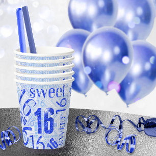 16 . Geburtstag Sparkle Word Cloud Blue ID265 Pappbecher
