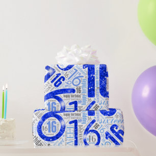 16 . Geburtstag Sparkle Word Cloud Blue White ID26 Geschenkpapier