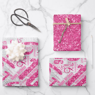 16 . Geburtstag Sparkle Word Cloud Pink ID265 Geschenkpapier Set