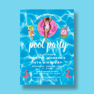 16. Geburtstag Süße rosa Sommer-Poolparty Einladung