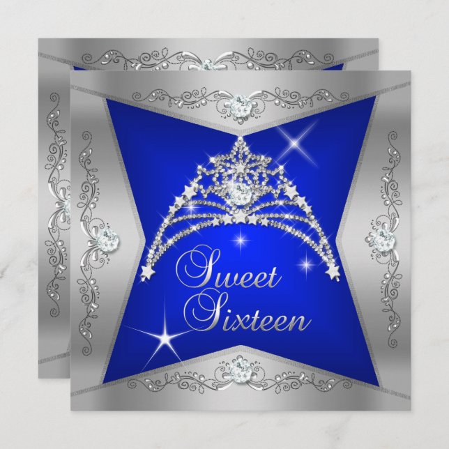 16 . Geburtstag Sweet 16 Blue Silver Tiara Einladung (Vorne/Hinten)