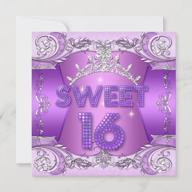 16 . Geburtstag Sweet 16 Lila Silver Tiara Einladung (Vorderseite)