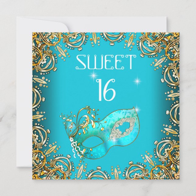 16 . Geburtstag Sweet 16 Masquerade Gold Aquamarin Einladung (Vorderseite)