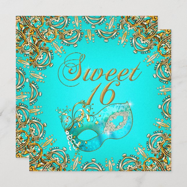 16 . Geburtstag Sweet 16 Masquerade Gold Aquamarin Einladung (Vorne/Hinten)