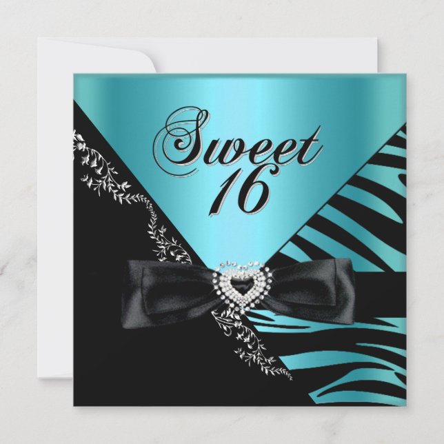 16 . Geburtstag Sweet 16 Zebra Blue Black Einladung (Vorderseite)