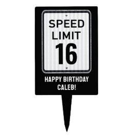 16. Geburtstag Tempolimit Schwarz-Weiß-Schild Kuchenaufsatz