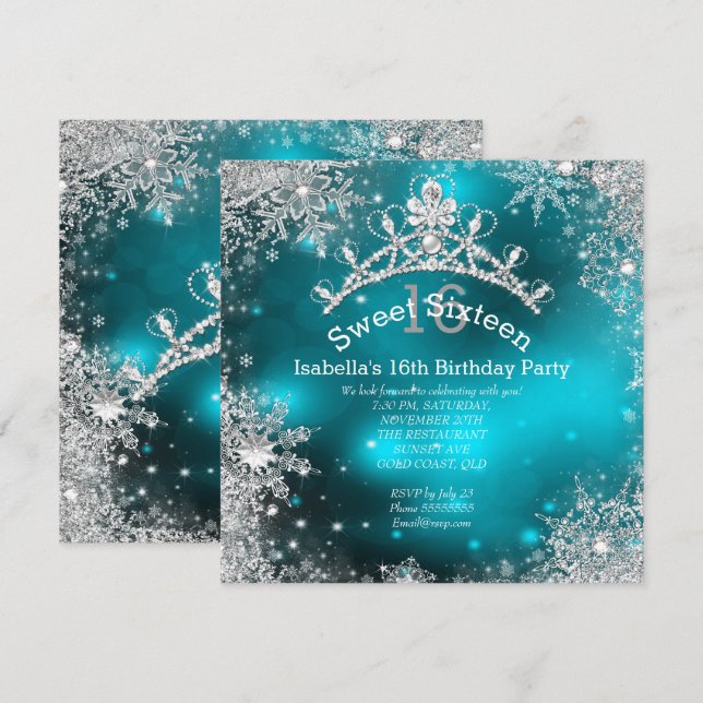 16 . Geburtstag Winter Wonderland Silver Aquamarin Einladung (Vorne/Hinten)